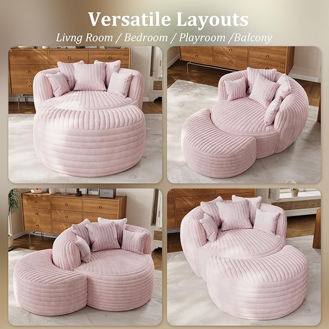 50 Oversized Chaise Lounge Indoor Round Reading Chair Lounge Chair with Ottoman Boneless Sofa Bed Large Fluffy Plush Corduroy Chaise Chair for Living Room Playroom Bedroom Pink