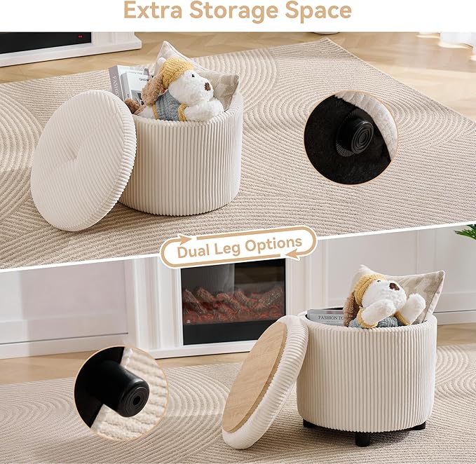 Corduroy Storage Ottoman with Flip-Top Tray Modern Upholstered Ottoman Coffee Table Dual Leg Options Ottoman Footrest for Living Room Bedroom Office White