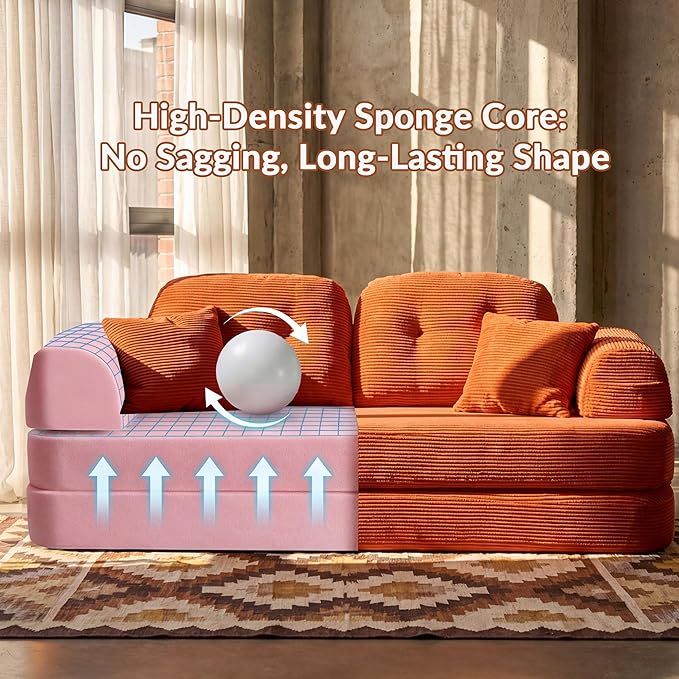 Convertible Modular Sofa Bed with Large Backrest Support &amp Storage Pockets Modern Corduroy Floor Couch for Small Apartment &amp Limited Space Ergonomically Designed Furniture (Orange 82'')