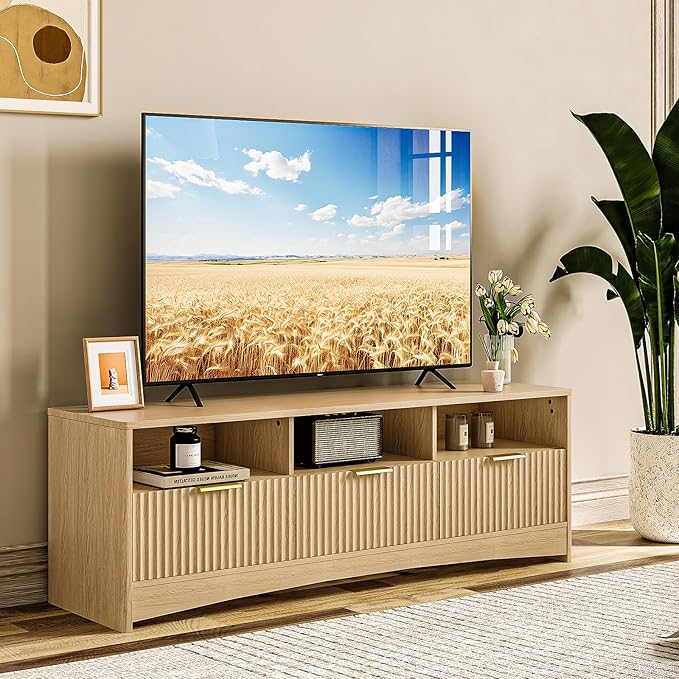 Amada 59 Fluted TV Stand for TVs Up to 65 Mid-Century Modern Entertainment Center with Storage Drawers and Open Shelf TV Console for Living Room or Bedroom Natural Oak
