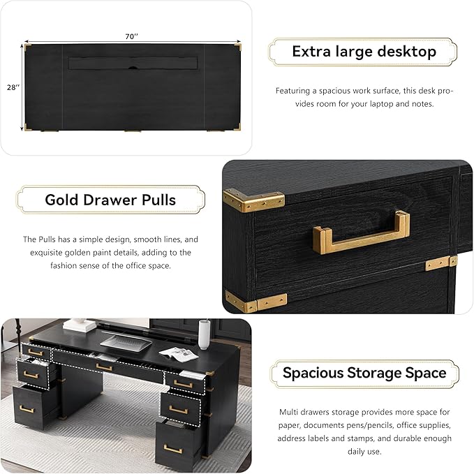 70 Executive Desk with DrawersWood Writing Desk with Metal Edge Trim 7 DrawersUSB Ports and OutletsFarmhouse Desk with Hidden Compartment for Home Office Study Room Black