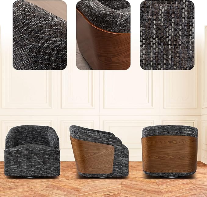 Swivel Accent Chair Linen Swivel Barrel Chair Comfortable Mid Century Modern Chair Upholstered Metal Base Armchair for Living Room Bedroom Office Large Vintage Gray