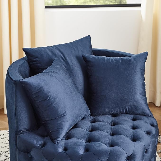 Velvet Upholstered Swivel Chair for Living Room with Button Tufted and Movable Wheels Including 3 Pillows Blue