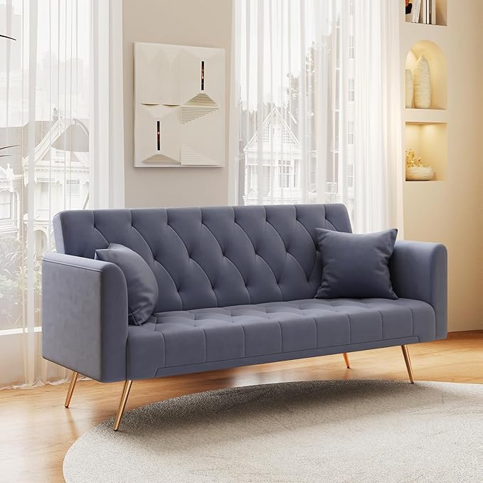 72Modern Velvet Sofa Bed FutonConvertible Folding Sleeper Bed Couches with 3 Adjustable BackrestsTufted Recliner Loveseat with Golden Chrome Legs for Small Living Room Office (Dark Grey+pillows)