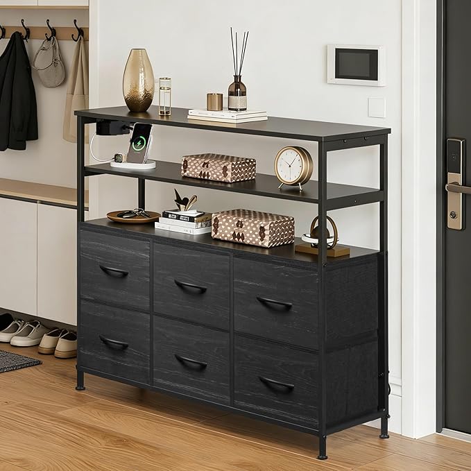 TV Stand for 40 45 inch TV Entertainment Center with LED Lights &amp Charging Station TV Media Console Table with 6 Drawers and Open Shelves for Living Room Charcoal Black Wood Grain Print