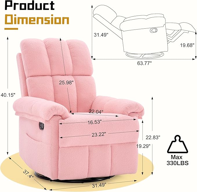 Recliner Chair Swivel Rocker Recliner Chair for Adults Small Recliners for Small Spaces Manual Recliner with Side Pockets Upholstered Nursery Rocking Chair for Living Room Sherpa Pink