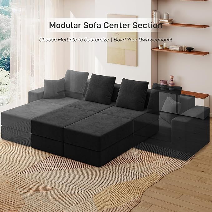 Living&ampGiving Cloud Sectional Couch for Living Room Modular Boneless Couch with 1 Ottoman Middle-seat Can Be Combined with Modular Sofa Customizable Layout for Any Space Black