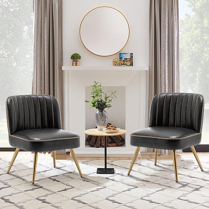 Andeworld Modern Accent Chair Set of 2 Upholstered Leather Living Room Chairs Elegant Armless Cute Small Side Club Chair with Golden Legs for Bedroom-Black