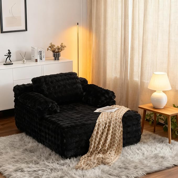 VINGLI 67.7 Oversized Chaise Lounge Chair Indoor Reading Chairs Comfy Bubble Fleece Upholstered Boneless Sofa Bed Sleeper Sofa Cloud Couches for Living Room Bedroom Play Room (Black)