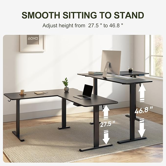 BANTI L-Shaped Standing Desk - 63 x 55 Inch Adjustable Corner Standing Desk with Charging Station - L Shape Sit Stand Table with Memory Controller Splice Board for Home Office Black