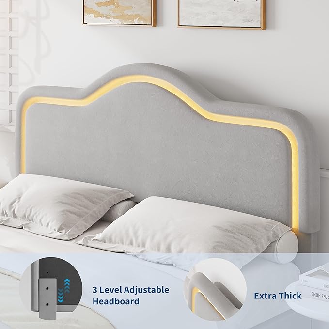 IDEALHOUSE Queen Size Bed Frame with LED Lights Velvet Upholstered Platform Bed with Adjustable Headboard for Kids/Girls Wooden Slats Support No Box Spring Needed Gray