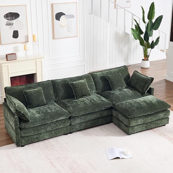 111.5 L Shaped Couch with Ottoman Chenille Cloud Sectional Sofas Modern Modular Sectional Sofa Deep 4 Seat Couches for Living Room Apartment Office Green