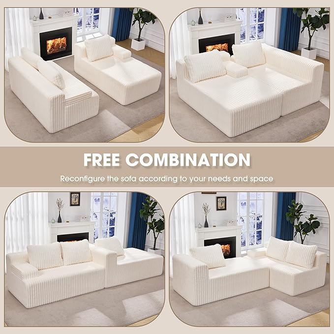 Modular Sectional Sofa Couches L-Shape Couch 3 Seat Modular Sofa Memory Foam Sectional Couches for Living Room Cloud Couch with Oversized Chaise (White Stripe 96 Right Facing Chaise)