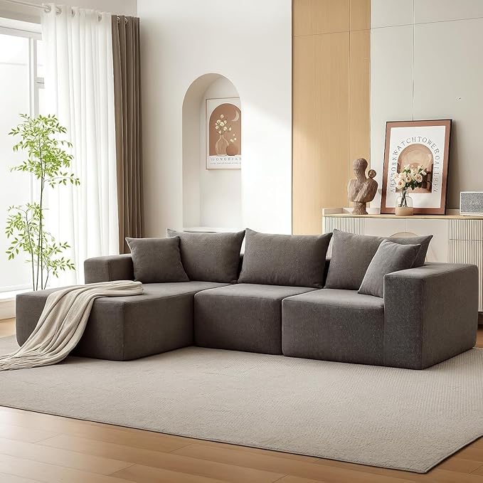 GarveeLife 108” Modular Sectional Sofa Cloud Sectional Couch with L-Shape Chaise Modern Modular Deep Seat Sofa Couch Upholstered Boneless Couches for Living Room Bedroom Left Facing Chaise Grey