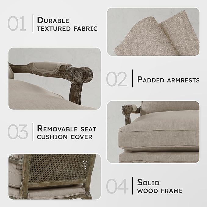 Lexicon Oak Distressed Solid Wood Accent Chair with Feather Down Seating Natural Linen Fabric Padded Armchair for Living Room Bedroom Reading Room or Sunroom Neutral