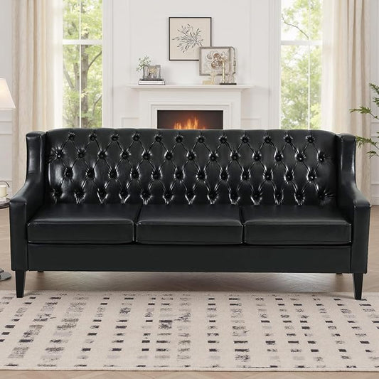 GDFStudio 78.75 3-Seater Sofa Button Tufted Backrest Big Comfy Couch with Plush Cushions Mid Century Modern Couches Home Living Room Sofa Upholstered Sofas &amp Couches for Apartment Bedroom Bla