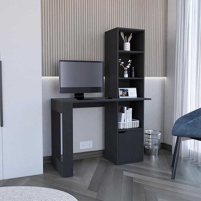 Office Desk with Four-Tier Bookcase and Lower Cabinet Home Office Desks Computer Desk Black Wengue Finish