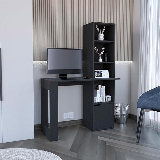Office Desk with Four-Tier Bookcase and Lower Cabinet Home Office Desks Computer Desk Black Wengue Finish