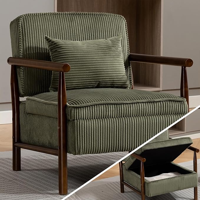 Green Accent Chair with Storage 24 W Mid Century Modern Chair with Cushion Upholstered Corduroy Reading Chair with Wooden Legs Comfy Arm Chairs for Living Room Bedroom (Green)