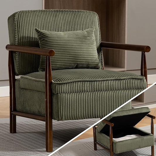 Green Accent Chair with Storage 24 W Mid Century Modern Chair with Cushion Upholstered Corduroy Reading Chair with Wooden Legs Comfy Arm Chairs for Living Room Bedroom (Green)