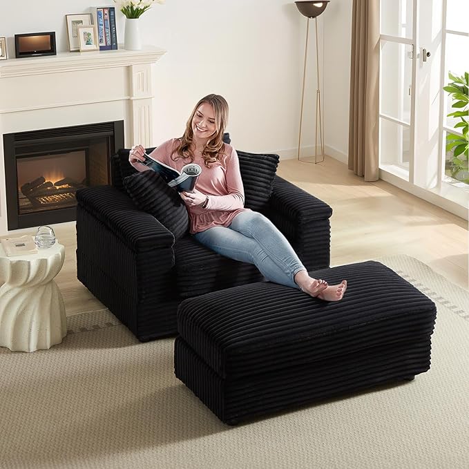 Chaise Lounge Chair Indoor 44 Inch Comfy Corduroy Sectional Cloud Couch Upholstered Single Sofa w/Movable Ottoman for Living Room Bedroom Apartment Black