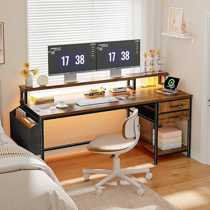 55 Gaming Desk with LED Strip Computer Desk with Drawers &amp Storage Bag Office Desk with Power Outlets &amp Monitor Stand Home Office Desks for Bedroom Gaming Room Rustic Brown