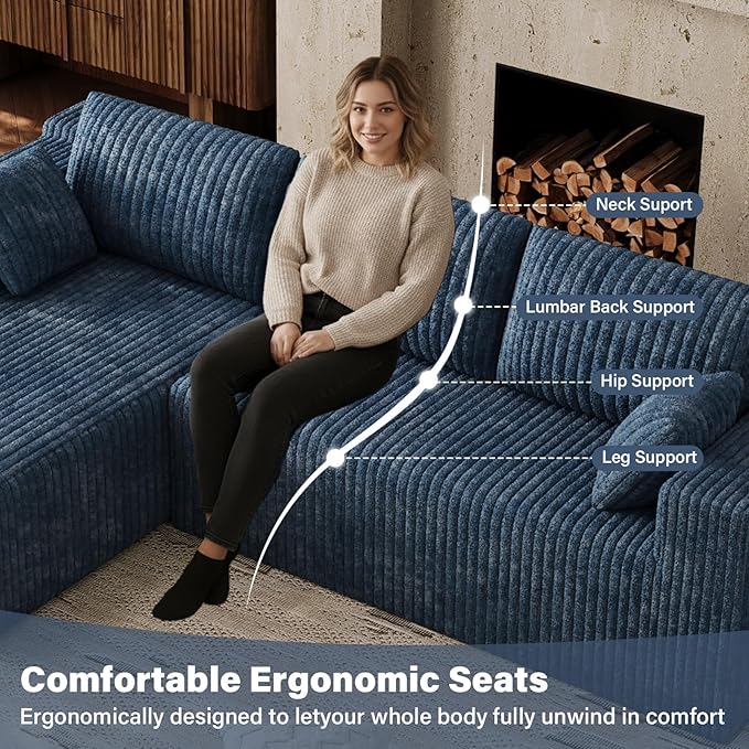 103 Boneless Couches for Living Room Comfy L Shaped Sectional Couches Modern Modular Sofa Cloud Fluffy Corduroy Couch with Deep Seat Left Facing Chaise No Assembly Needed Blue