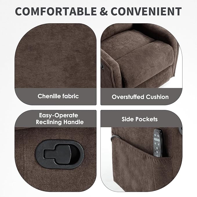 Swivel Rocker Recliner Chair 360° Swivel Recliner with Heat and Massage Rocker Recliner Easy to Clean Nursery Glider Recliner Chair with Side Pockets for Living Room Brown