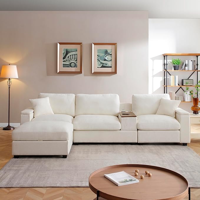 Oversized L-Shaped Modular Sectional Sofa with Storage Armrest Reversible Couch with Movable Ottoman USB Ports Cup Holders 360°Swivel Tray Comfy Cloud Cushions for Living Room or Apartment Beige