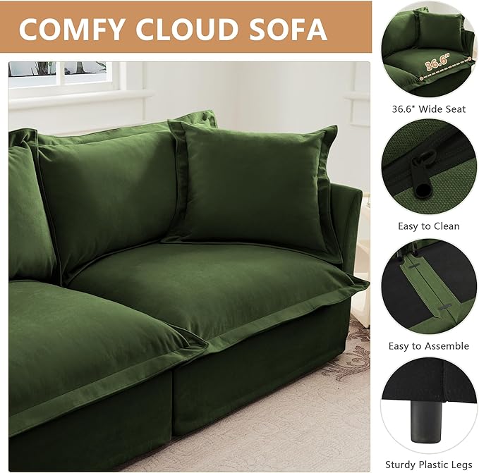 Modern Single Sofa Chair with Ottoman 49 Slipcovered Armchair Oversized Upholstered Accent Chair Comfy Cloud Deep Seat Sofa with 2 Throw Pillows for Living Room Apartment Chenille Green