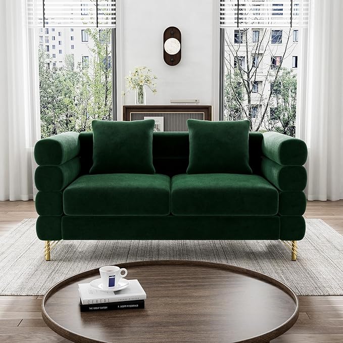 Cloud Couch for Living Room 59 Modern Overstuffed Deep Seat Velvet Loveseat Sofa with 2 Pillows Comfy Upholstered 2 Seater Love Seat for Bedroom Office Emerald Green Velvet