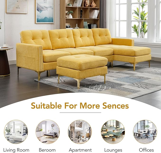 P PURLOVE Velvet Modern Large Sectional Sofa U Shape Upholstered Couch with Chaise Convertible Sofa Couch with Movable Ottoman for Living Room Apartment (Yellow)
