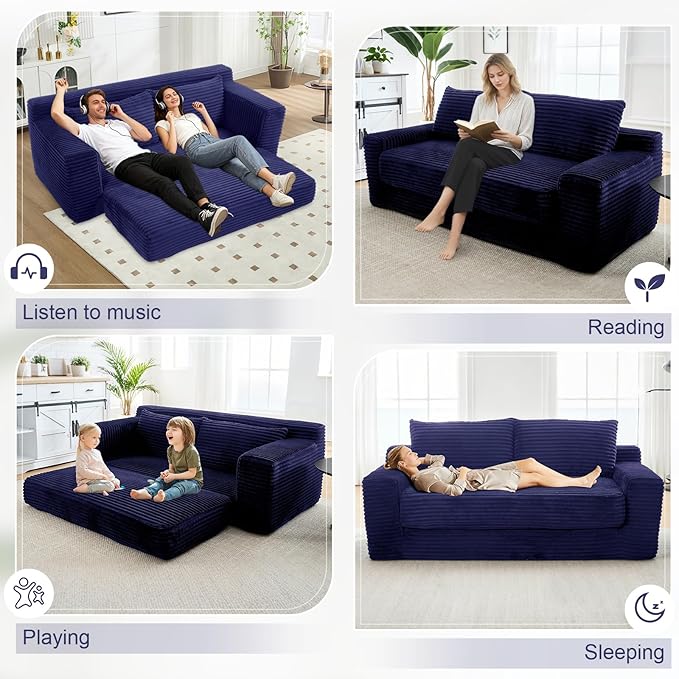 GNIXUU Corduroy Cloud Loveseat Sofa 2 in 1 Convertible Sleeper Sofa with Fixed-Shape Frame Comfy Folding Boneless Love Seat Couches for Living Room Apartment Small Spaces Blue