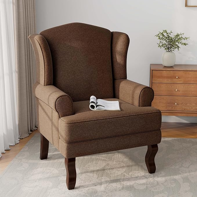 Accent Chair High Back Upholstered Armchair with High Resilience Sponge &amp Wood Legs Mid-Century Modern Comfy Single Sofa Reading Chairs for Living Room Bedroom (Brown Set of 1)