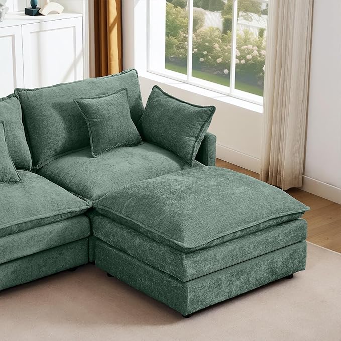 102 Mint Green Modular Sectional Sofa with Movable Ottoman Convertible L Shaped Chenille Cloud Couch Comfy 3-Seater Deep Seat Sofa Couches for Living Room Bedroom and Apartment (Mint Green 102)