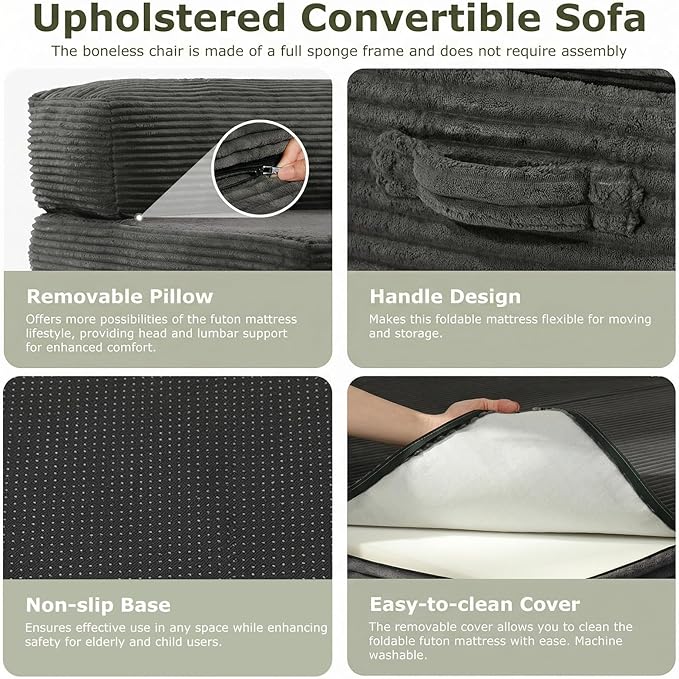 5-in-1 Convertible Sofa Bed Boneless Loveseat Sleeper with Removable Cushions &amp Washable CoverFuton Sofa Bed with Handle Pull Out Couch for Small Spaces King Size Grey