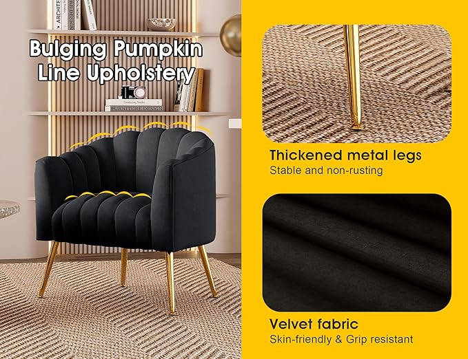 Oversized Pumpkin Couch Accent Chair Modern Comfy Velvet Upholstered Barrel Chairs Luxury Single Sofa Armchair for Living Room Waiting Room Office and Vanity (Black)