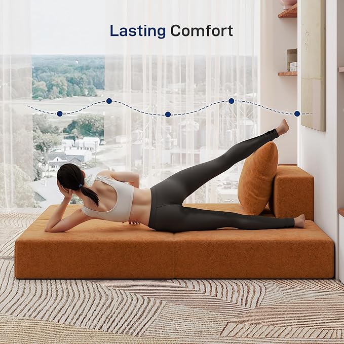 Living&ampGiving Cloud Sectional Couch for Living Room Modular Boneless Couch with 1 Ottoman Middle-seat Can Be Combined with Modular Sofa Customizable Layout for Any Space Orange