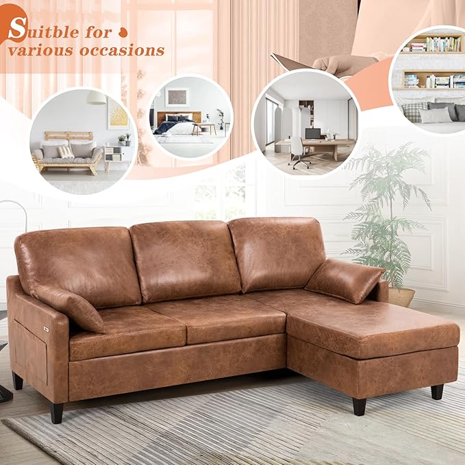 76 Sectional Sofa Couch w/Reversible Chaise Suede Leather L Shaped Sofa w/USB Charger Ports &amp Storage Bag Convertible Modern Couch w/Storage Space for Living Room Small Space Brown