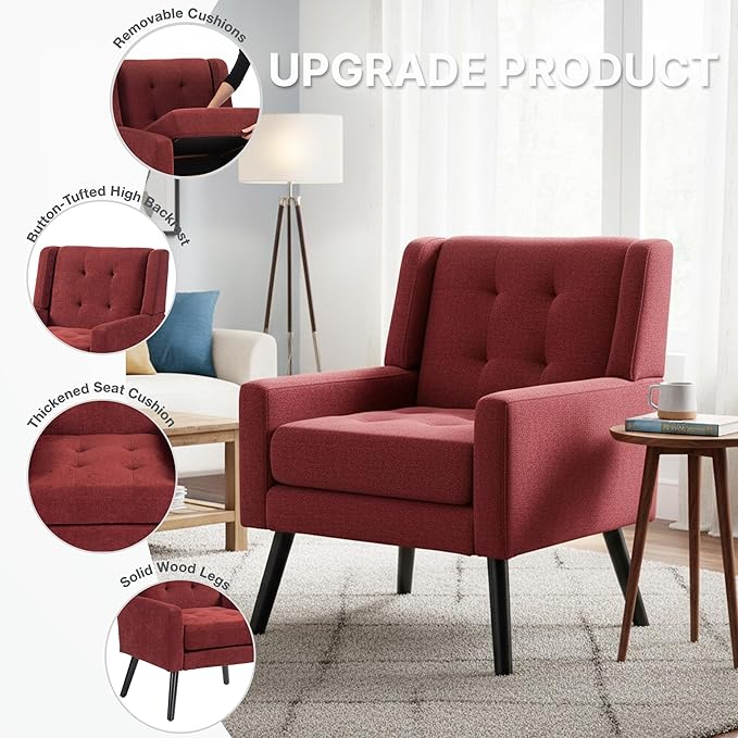 Mid-Century Modern Accent Chair Plush Linen Fabric with Button Tufted High Back &amp 5 Thick Cushion High Comfort Reading Chair for Living Room Bedroom Office (Red)