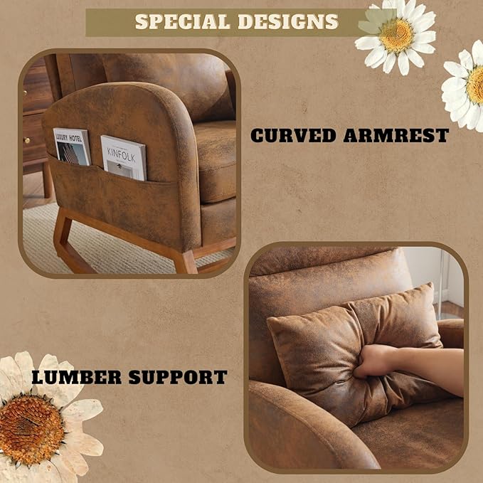 VINGLI Rustic Microfiber Nursing Rocking Chair with Thick Headrest Upholstered Mid-century Modern Nursery Rocker Glider with Curved Armrest Sturdy Solid Wood Base for Living Room Bedroom Baby Room