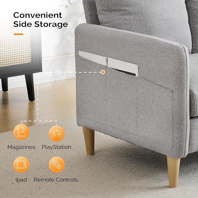 VINGLI 47 Small Couch Linen Loveseat Sofa Light Grey Mini Couch Mid Century Modern Decor Love Seat for Small Spaces Living Room Bedroom Play Room
