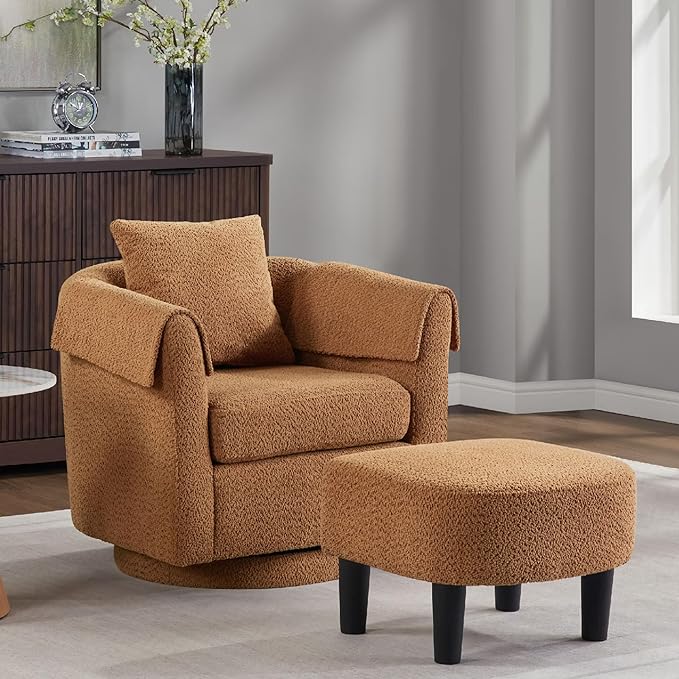 Yellow Swivel Accent Chair with Ottoman 360° Barrel Chairs with Foot Stool Comfy Reading Chair with Removable Pillow &amp 2 Armrest Covers for Living Room Small Spaces Bedroom Chenille (Yellow)