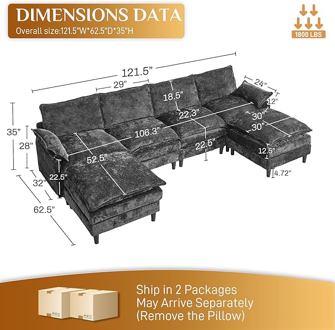 121 U Shaped Modular Sectional Sofa with Movable Ottomans Comfy Fluffy Cloud Chenille Grey Sectional Couches for Living Room Cloud Couch Sectional Sofa with Memory Foam &amp Double Cushion