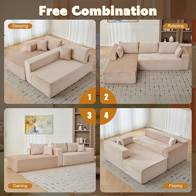 110 Inch Modular Sectional Cloud Couch with ChaiseOversized Deep Seat Sofa in CorduroyBoneless L Shaped Boneless Floor Couch Vacuum Pack for Easy ShippingNo Assembly for Living Room BedroomBeige
