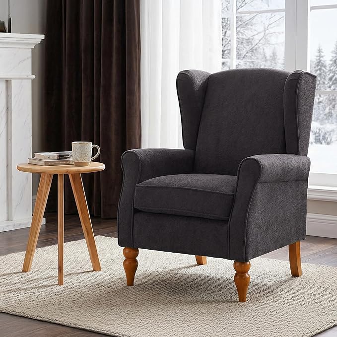 High Back Wingback Accent Chair Modern Upholstered Armchair Comfy Reading Chair with Solid Wood Legs for Living Room Bedroom Library Dark Grey