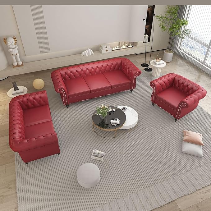 AVZEAR Leather Upholstered Armchair Single Sofa Chair with Rolled Arms and Nailhead Mid-Century Modern Tufted PU Chesterfield Chair for Living Room Bedroom Office Apartment Claret