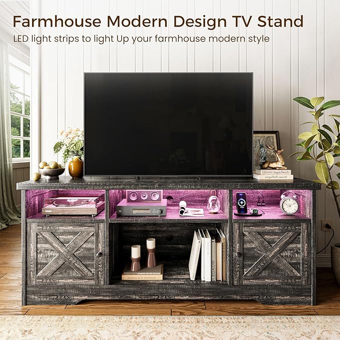 Casaottima TV Stand for 65 Inch TV Farmhouse Entertainment Center with Power Outlet &amp LED Light and Storage Cabinets Console Table and Media Furniture for Living Room Bedroom Dark Oak