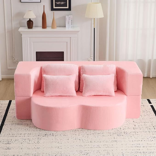 2-in-1 Folding Sofa Bed with Pillow No Assembly Futon Twin Size Sofa Bed Breathable Velvet Convertible Couch Bed for Living Room and Guest Room 78.7 Inch Pink