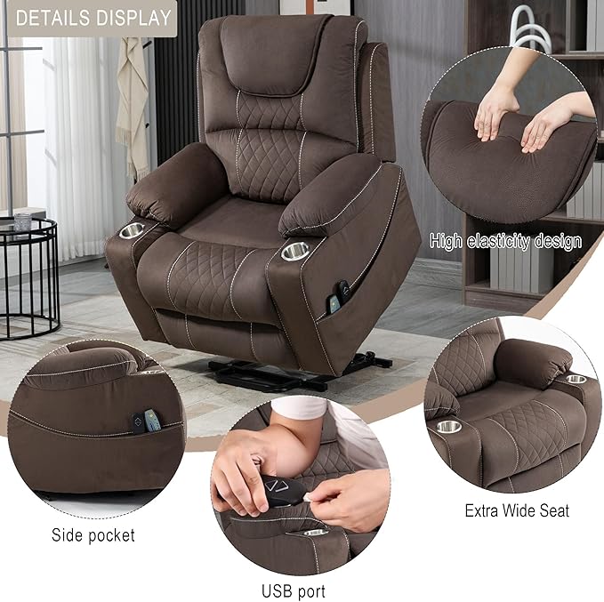 Large Power Lift Recliner Chair Sofa with Massage and Heat for Big and Tall ElderlyInfinite PositionsSingle MotorCup Holdersand USB PortsVelvet Home Theater Seat